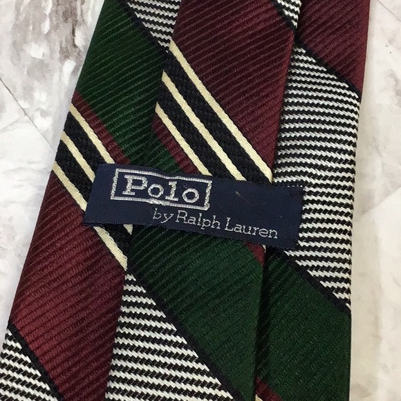 Polo Ralph Lauren 100% Silk stripe Repp Tie, green and burgundy stripe. - Picture 7 of 7